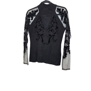 INC Women's M Black Knit Grunge Preppy Top Sheer Mesh & Velvet Floral Sleeves